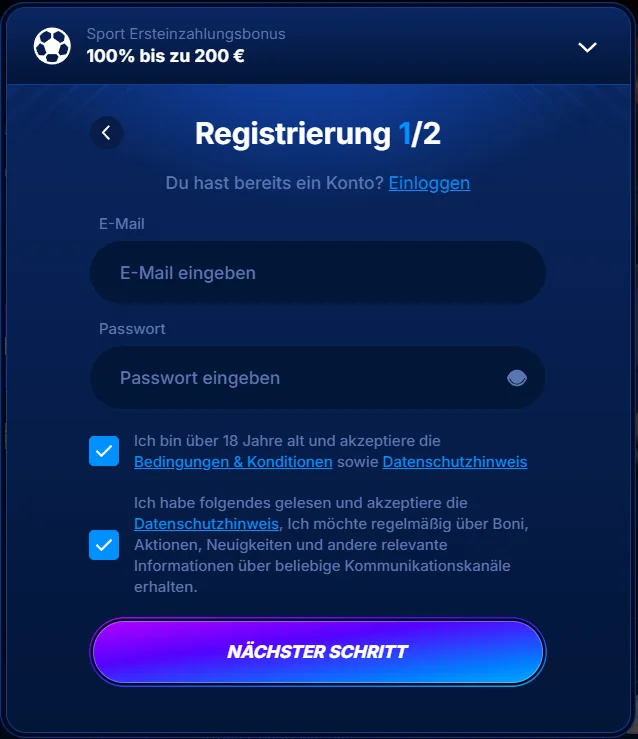 Boomerang Bet-Registrierung